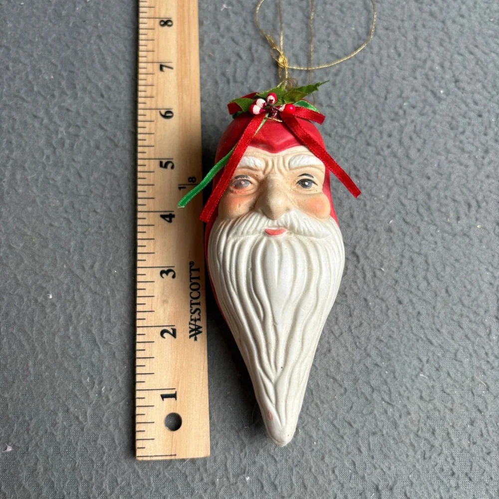 Vintage Old World Bisque Ceramic Santa Claus Face Ornaments Set of 3 80s 90s